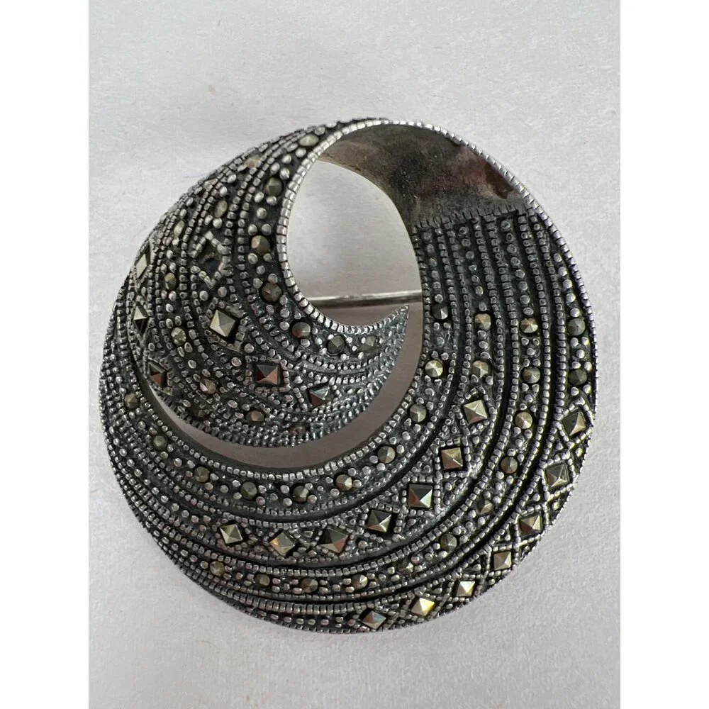 Jewelry Vintage 925 Sterling Silver Marcasite Swirl Brooch Pin 20s Art Deco Core - Picture 9 of 9